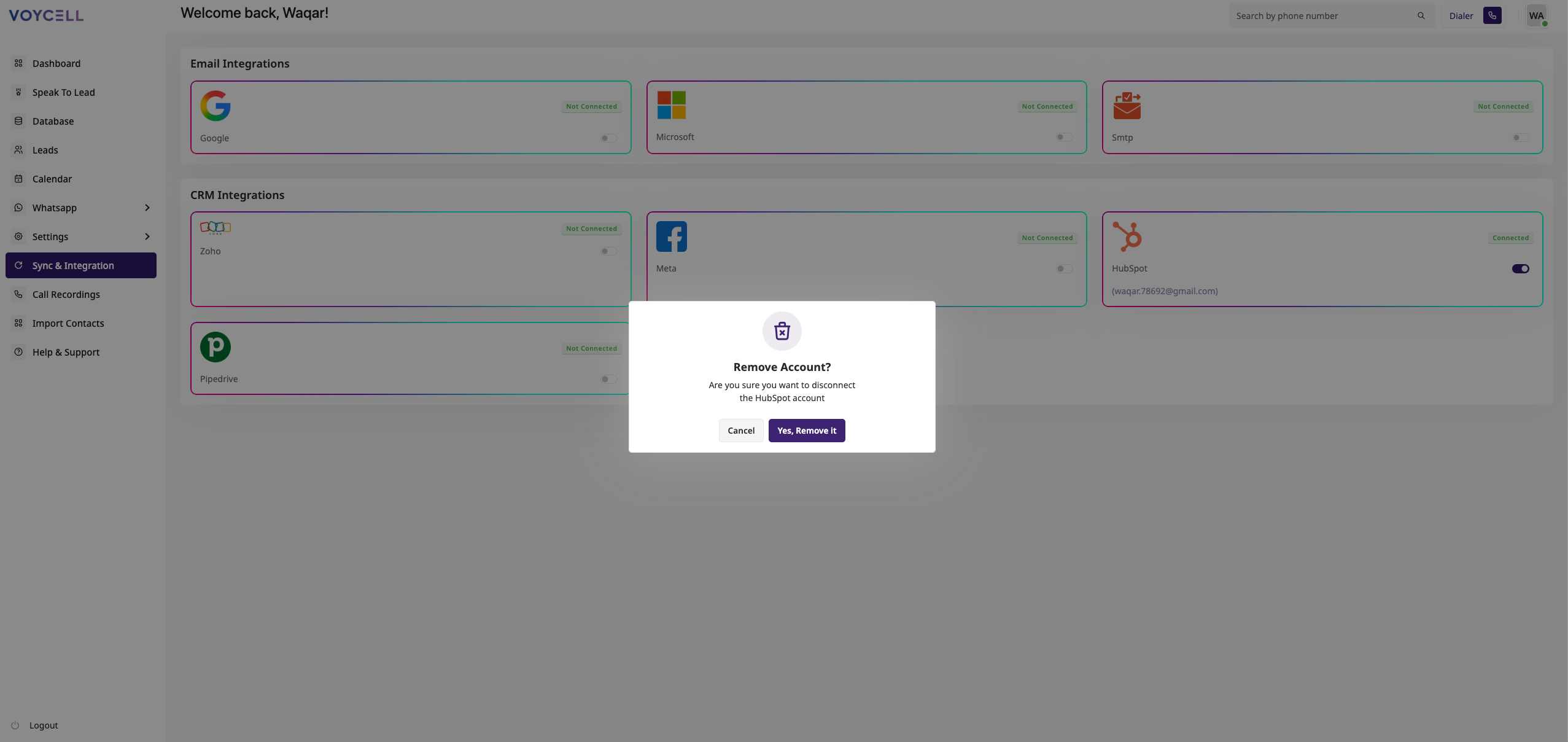 Disconnect HubSpot Integration from Voycell
